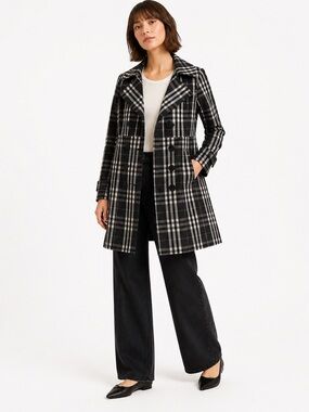 Xoxo trench coat lightweight jacket plaid black white double brest pocket medium